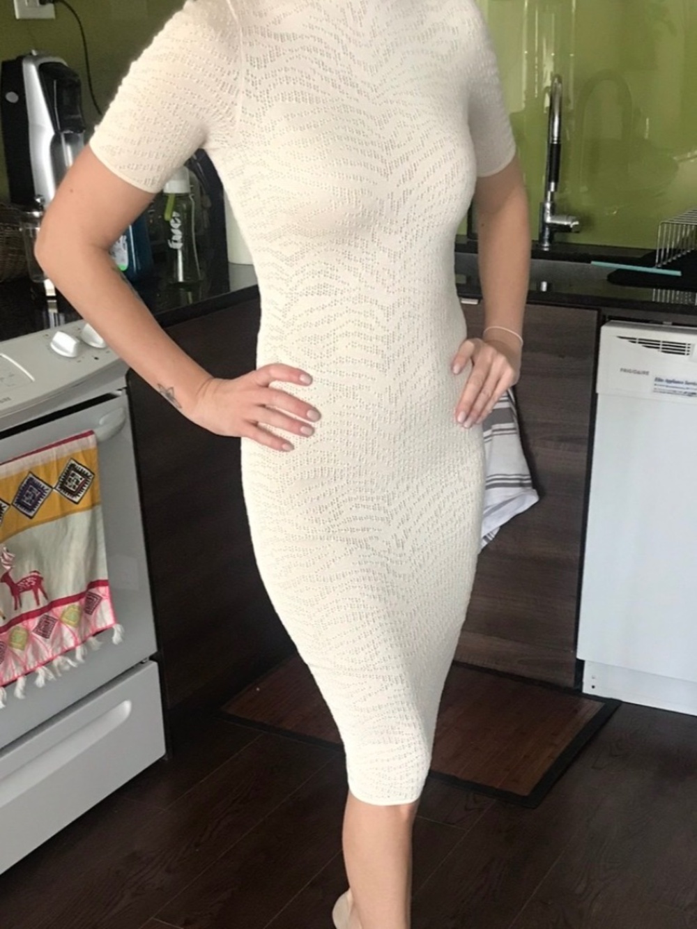 Rony Kobo Cream Knit Midi Dress – Size Small | Fitted Textured Bodycon